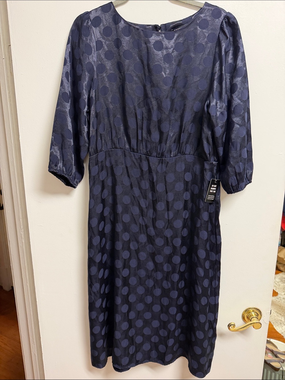 Express NWT Monochromatic Navy Polka Dot 3/4 Sleeve Sateen Midi Dress Large